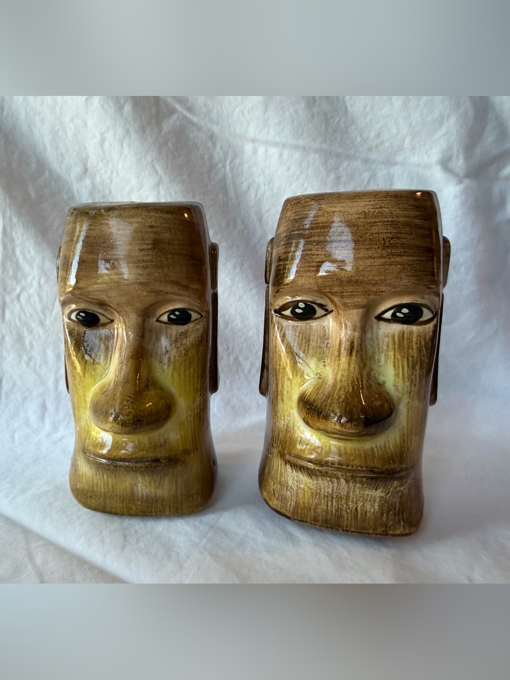 Vintage Otagiri OMC Japan Moai Tiki Salt Pepper Shakers Faux Wood Grain MCM
